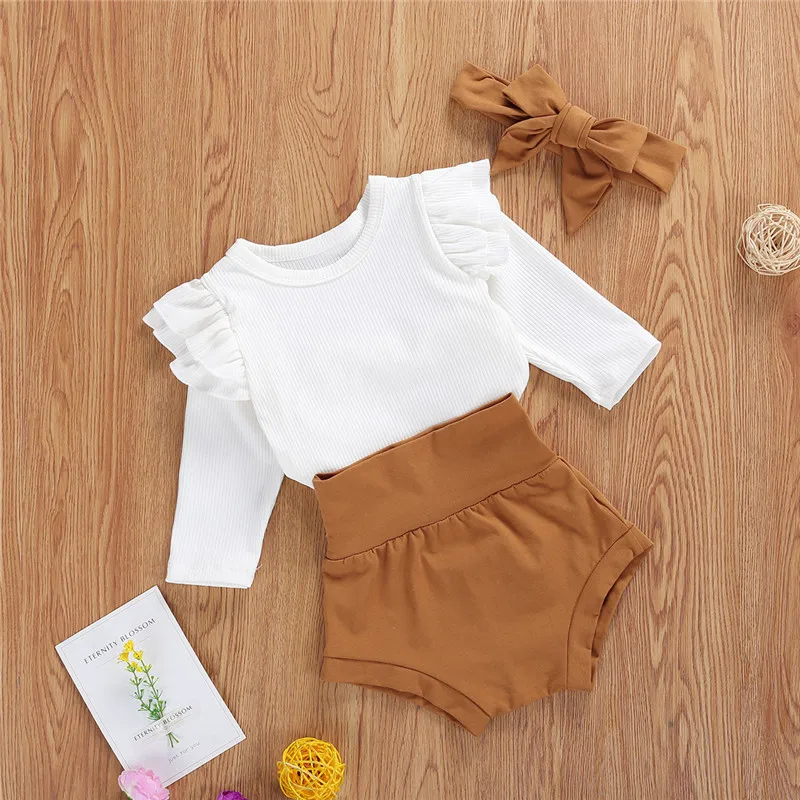 

Spring Autumn Newborn Baby Boys Girls Clothes Sets Ruffles Long Sleeve Solid Romper Tops High Waist Shorts Pants Kids Clothing, Picture