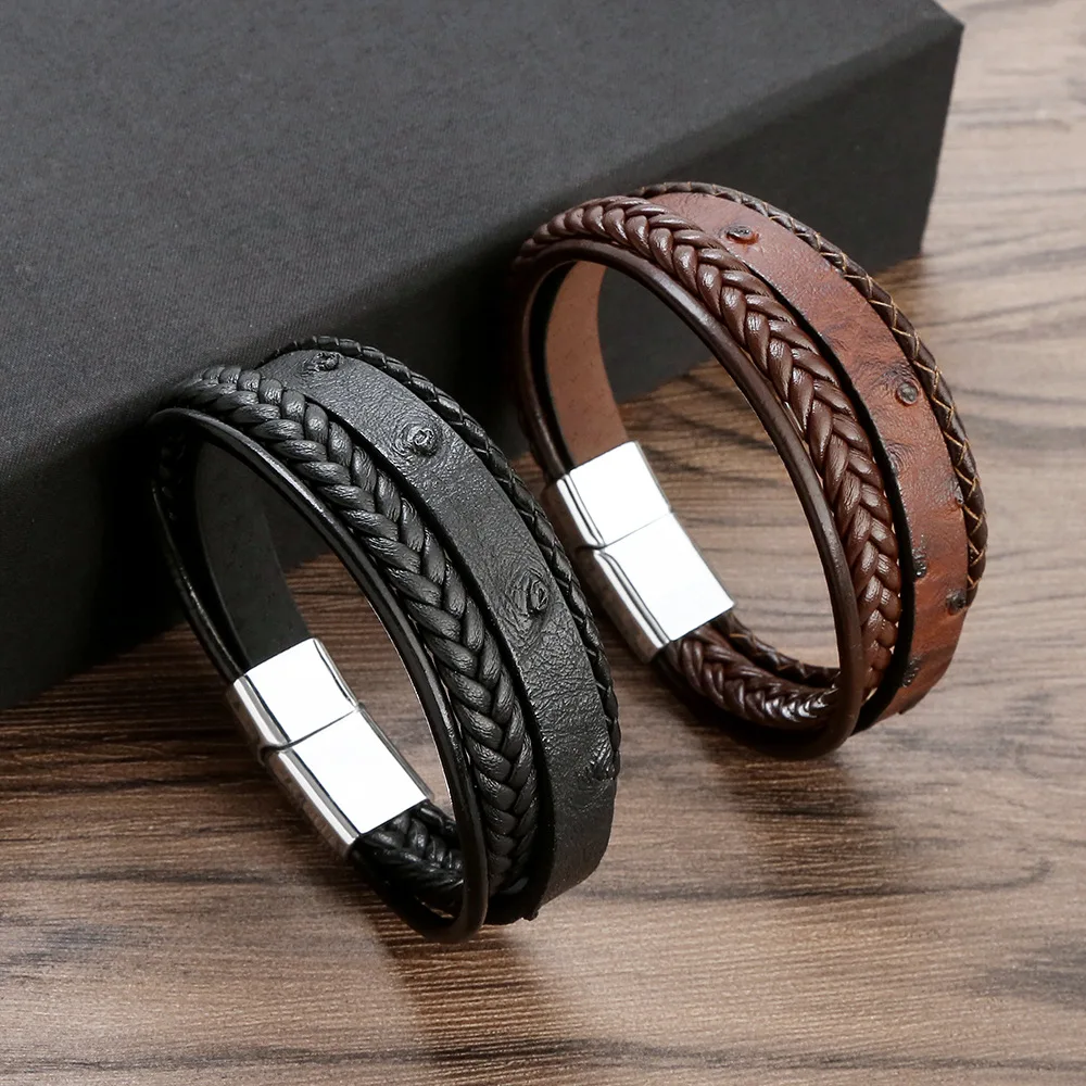 

Pulseras De Hombre De Piel Genuine Leather Bracelets Men Stainless Steel Multilayer Braided Rope Leather Bracelet