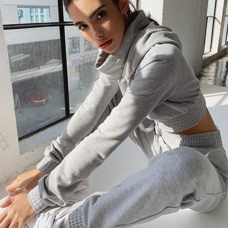

2020 New Design Women Autumn Solid Color Turtleneck Street Casual Two Piece Set Women Clothing, Grey