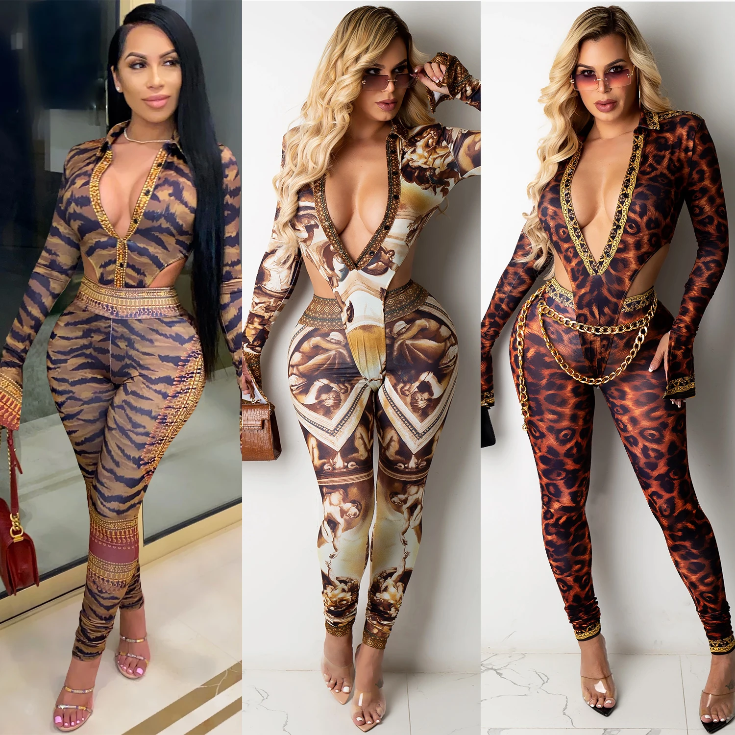 

YD-C3765 2021 jumpsuit sexy V neck bodysuit ladies printed club wear jumpsuit