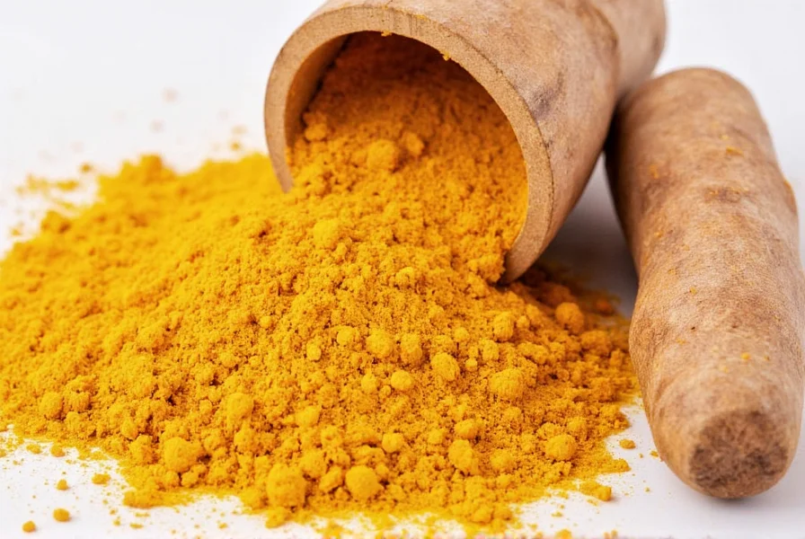 Turmeric powder measuring spoon on wooden background