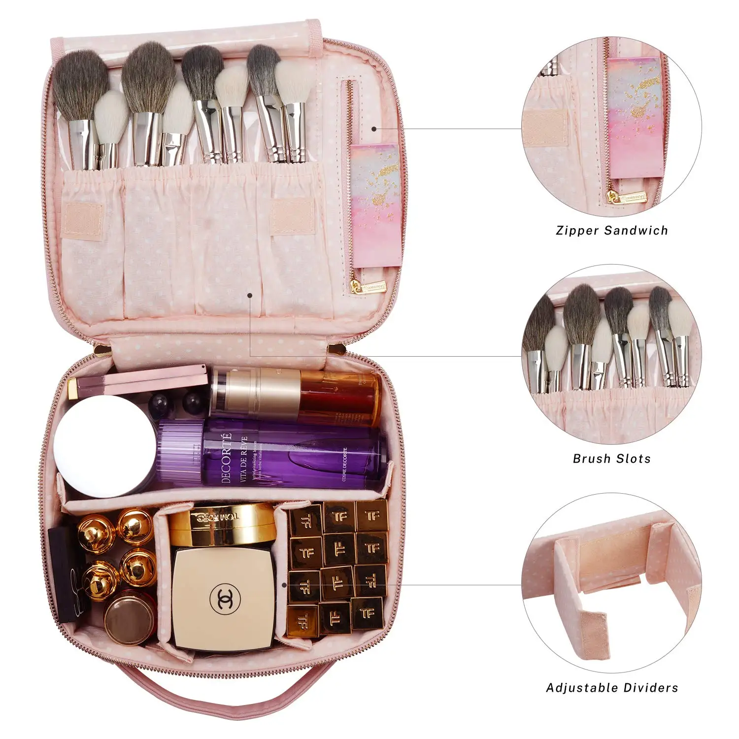 

Portable Waterproof Makeup Brushes Organizer Bag with Adjustable Dividers, Pink