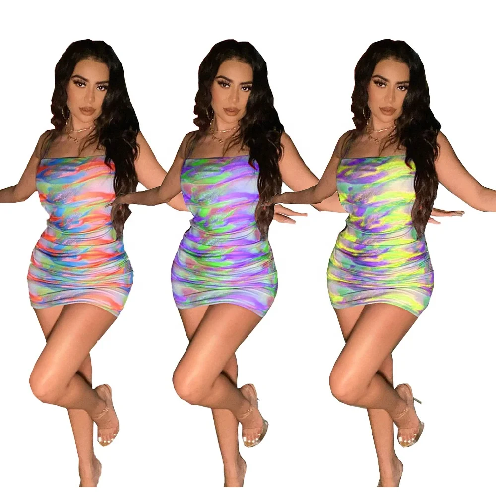 

Wholesale Spring Summer Printed Tie-Dye Sexy Mini Dress Fashion Ladies Sling Dress