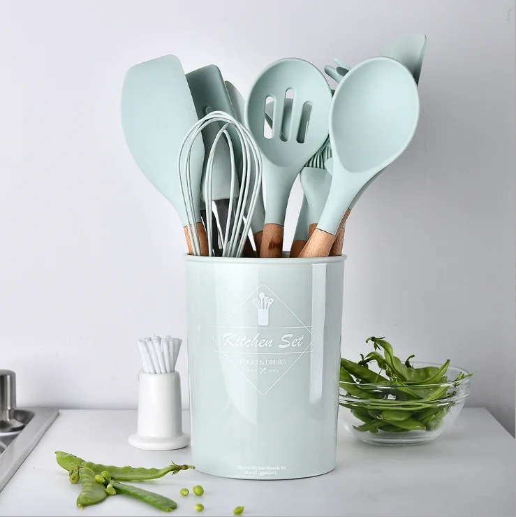 

non-toxic soft silicone cookware utensil 12piece non stick silicone kitchen spatula set utensilios de cocina en acero inoxidable, Dark gray, green, red, purple, pink, light green