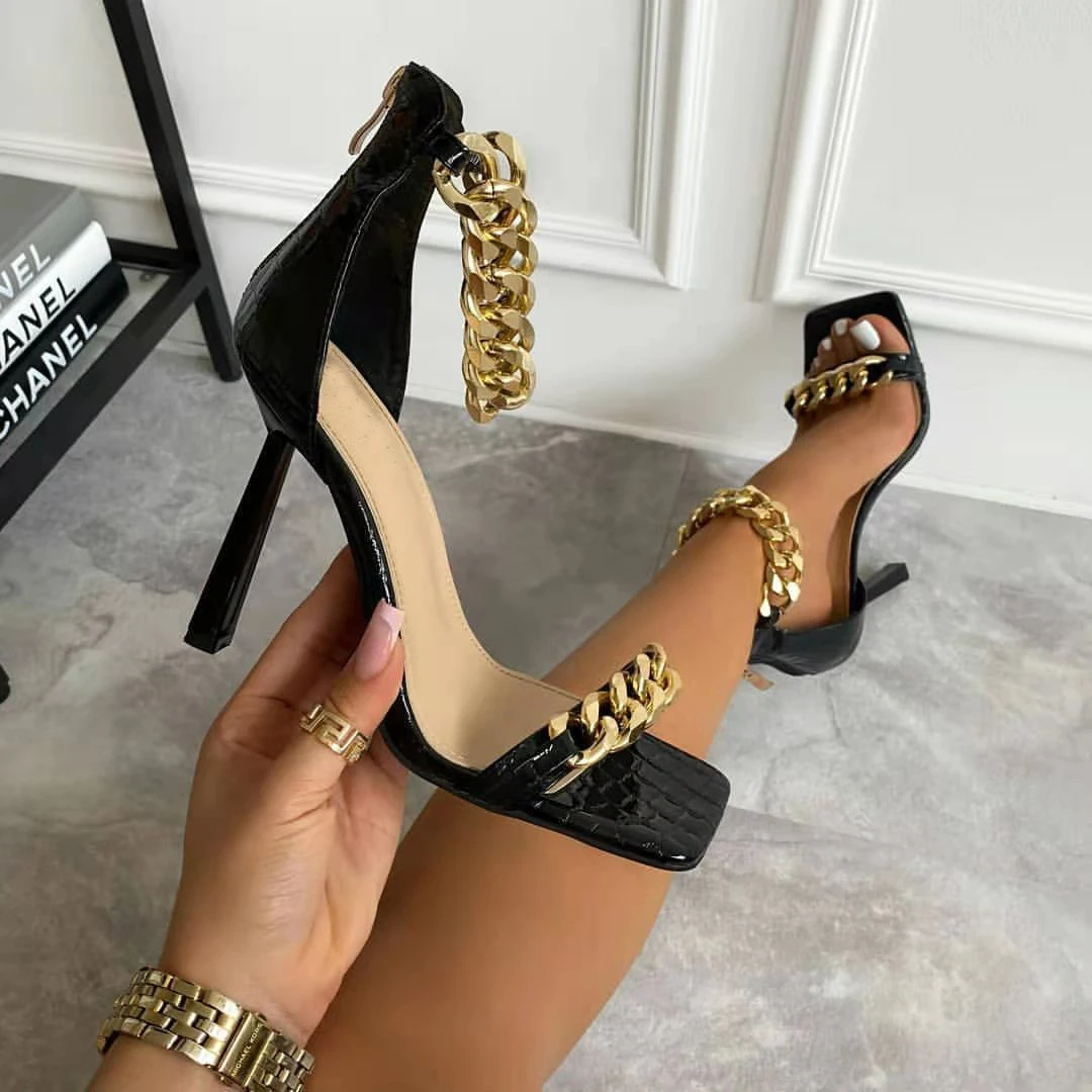 

Metallic chain decoration high heel back zipper women shoes square peep toe croc-effect lady party sandals summer fashion