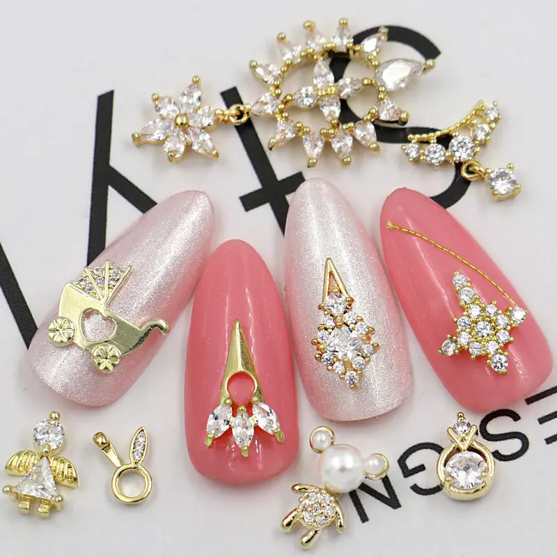 

Luxury Nail Art Charm Cubic Zircon Nail 3D Diamond Gold Plated Cute Bear Pearl Nail Sticker DIY Art Decoration Finger Jewelry, Colorful