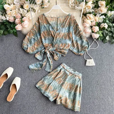 

2020 Summer Puff Sleeve Chiffon Blouse And Shorts Two Piece Sets Women Clothing
