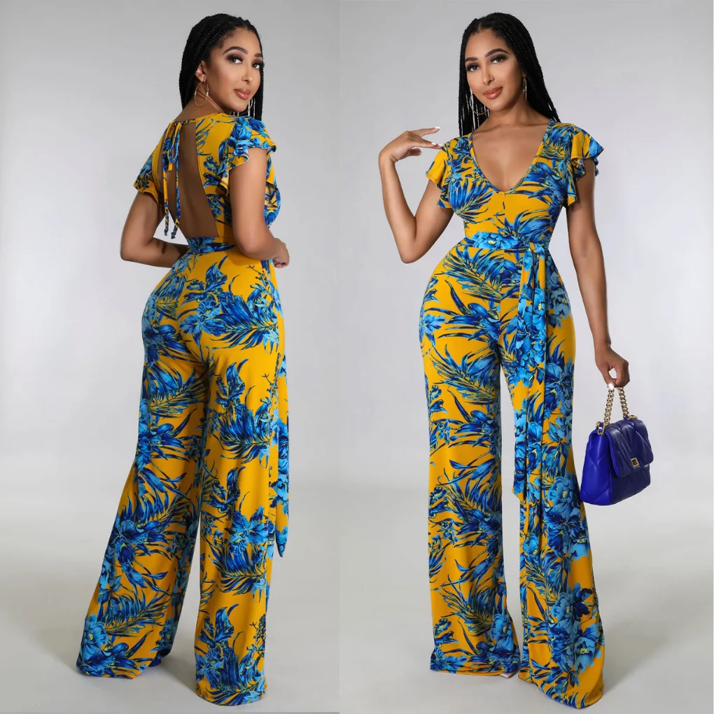 

Summer 2022 Women Clothing Leaf Print Trousers Ruffles Short Sleeve Back Out Wide Leg Jumpsuit Women High Waist Flare Pants, Picture color