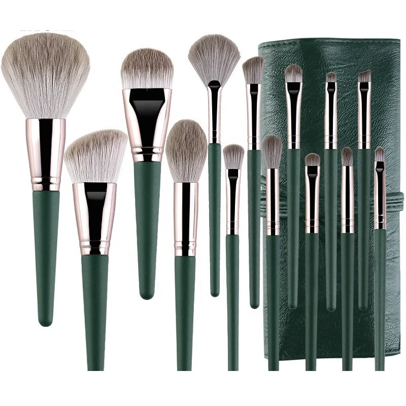 

14 PCS Green Makeup Brush Set Soft Hair wooden handle makeup brush set, Pics