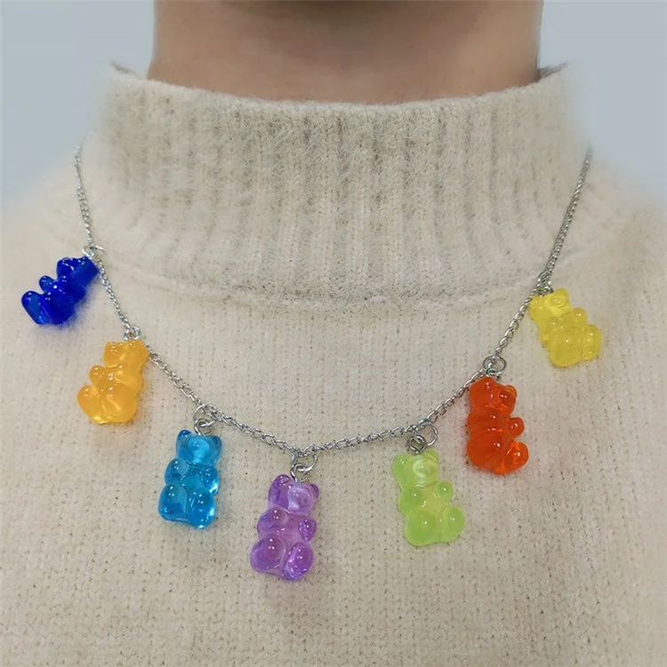 

7 Colors Rainbow Cute Gummy Bear Gummy Pendant Necklaces for Girls Hip Hop Resin Necklaces, Picture