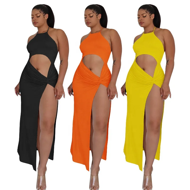 

MT103-9081 sexy dress ruched solid color hollow out sleeveless halter girls' dresses bodycon night clubwear slit evening dress