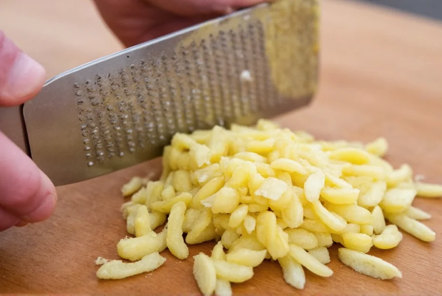 Fresh ginger root being grated with skin on using a microplane grater