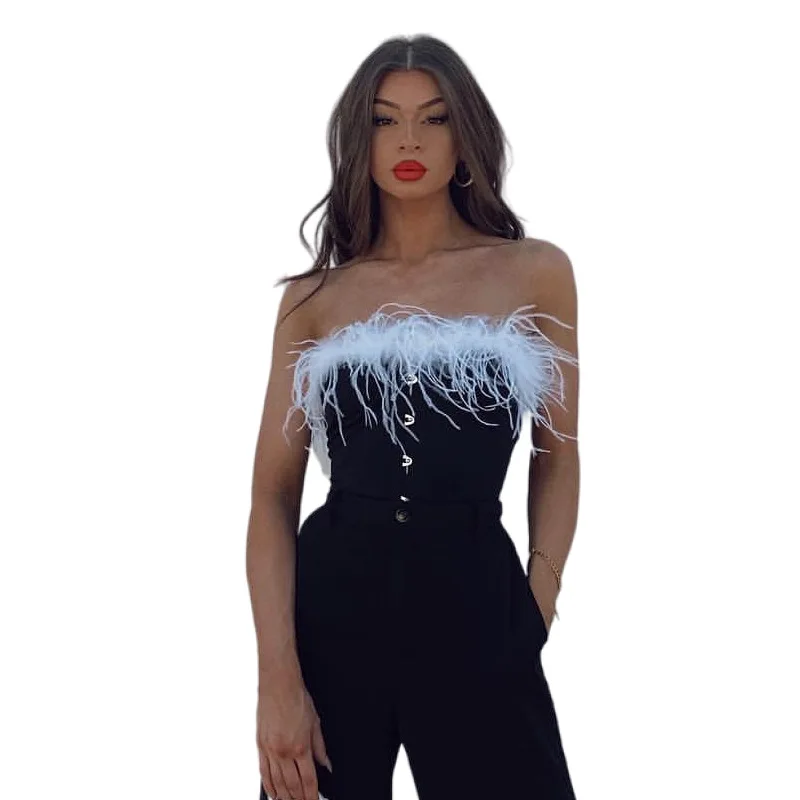 

Feather Patchwork Top Women Tube Corset Tanks Tops Bodycon Sexy Slash Neck Single-breasted Blouses Fashion Women's Shirt