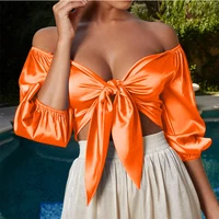 

Female Tunic Blouse Low V neck 2020 Lantern Sleeve Shirts Summer Womens Tops And Blouses Sexy Crop Top Bow Knot Tied