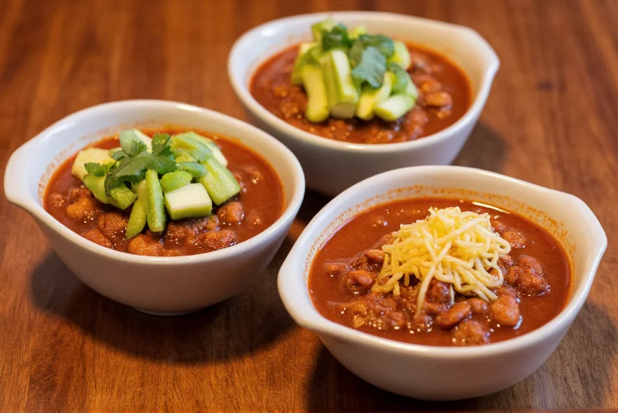 Three bowls of chili with different toppings arranged on wooden table, showing variations for dietary preferences
