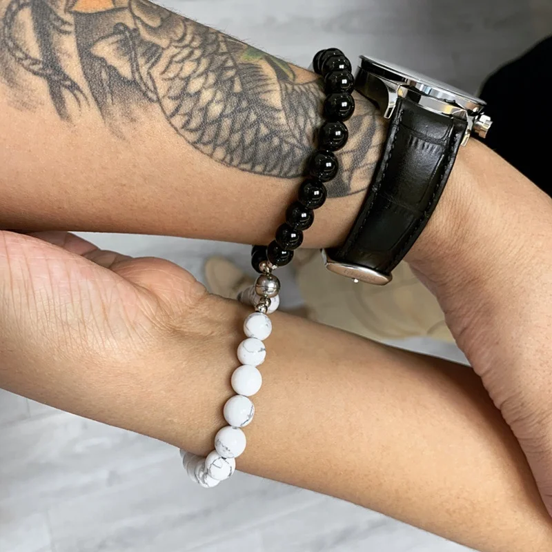 

8mm Natural Stone Attractive Magnet Clasp Couple Bracelet Golden Crown Lucky Beaded Bracelet, Colors