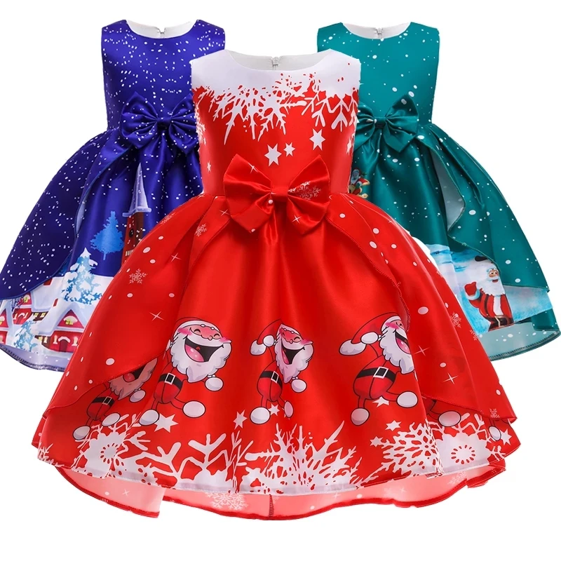 

MQATZ Red Kids Girls Christmas Dress Santa Claus Print New Year Party Princess Dresses SD061