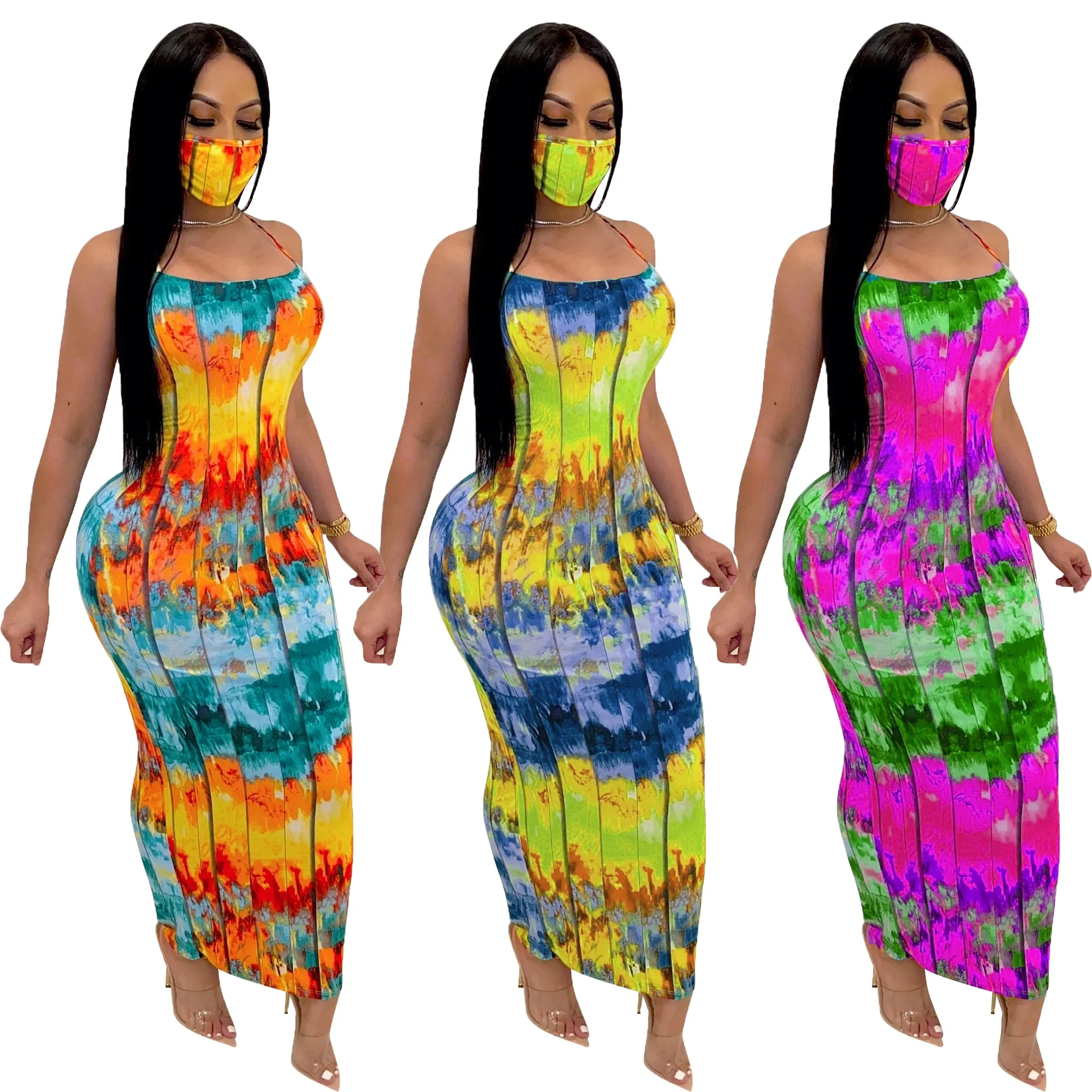 

Women Bodycon Sexy Tie Dye Halter Maxi Sleeveless Long Dress Casual Dress Women Two Piece Set Women Clothing, Shown