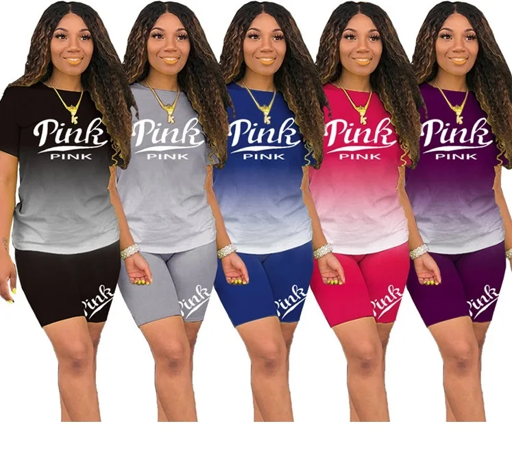 

Sports Ladies Jogging Tracksuit Print T-shirt Shorts Summer Plus Size Women Fitness Two Piece Set, Picture shown