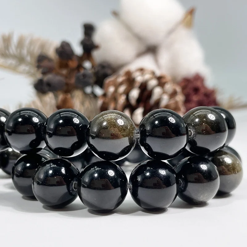 

Natural Smooth Golden Obsidian beads for Jewelry Making DIY Handmade Crafts Black Obsidian Stone Beads