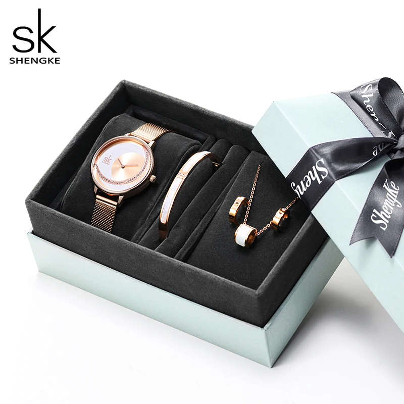 

Top sale Elegant Rose Gold Mesh Girl's Watch Set Fashion Bracelet Necklace Set Waterproof wristwatch Gift Set