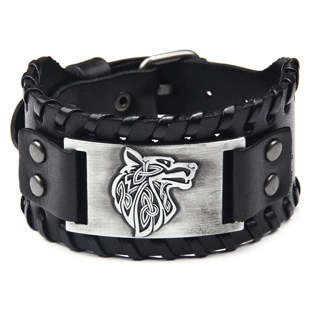 

New Alloy Wolf Head Accessories Width Leather Bracelet Braided Bracelet Jewelry Men