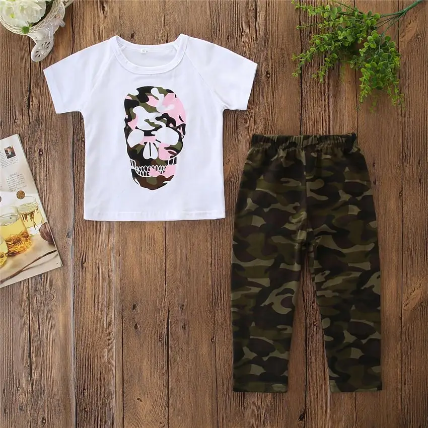 Kids Toddler Baby Girls Clothes Short Sleeve Letter T Shirt Tops Camouflage Print Pants Set Outfits Summer Casual Tracksuit