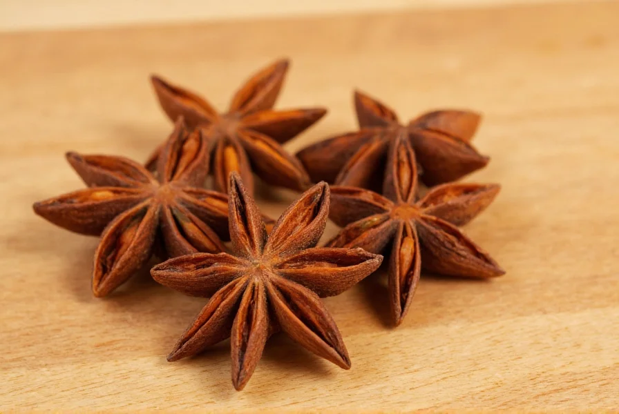 Close-up photograph of whole star anise pods showing distinctive star shape and reddish-brown color on wooden cutting board