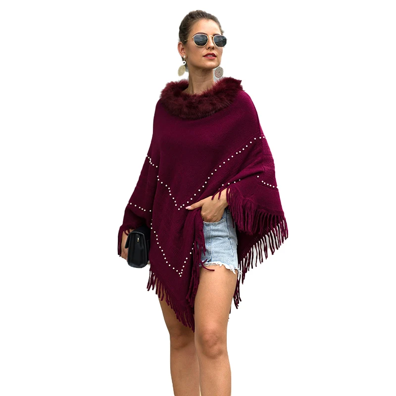

Wholesale ladies fashion casual loose pullover tops women winter faux fur collar tassel cape poncho sweater, 6 colors