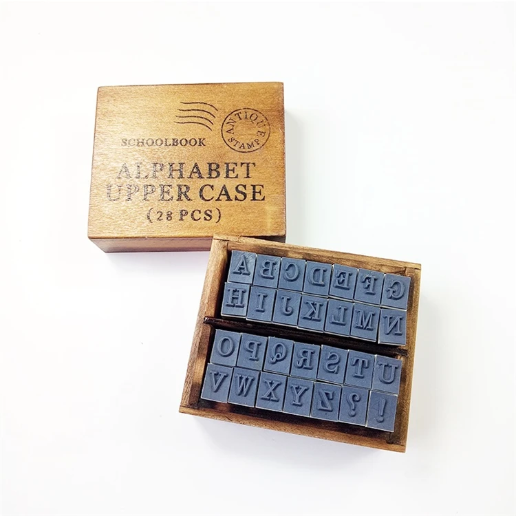 

28pcs/box Vintage DIY Multi Purpose Alphabet Letter Schoolbook Stamp Set Wood Rubber Stamps Set Wooden Box