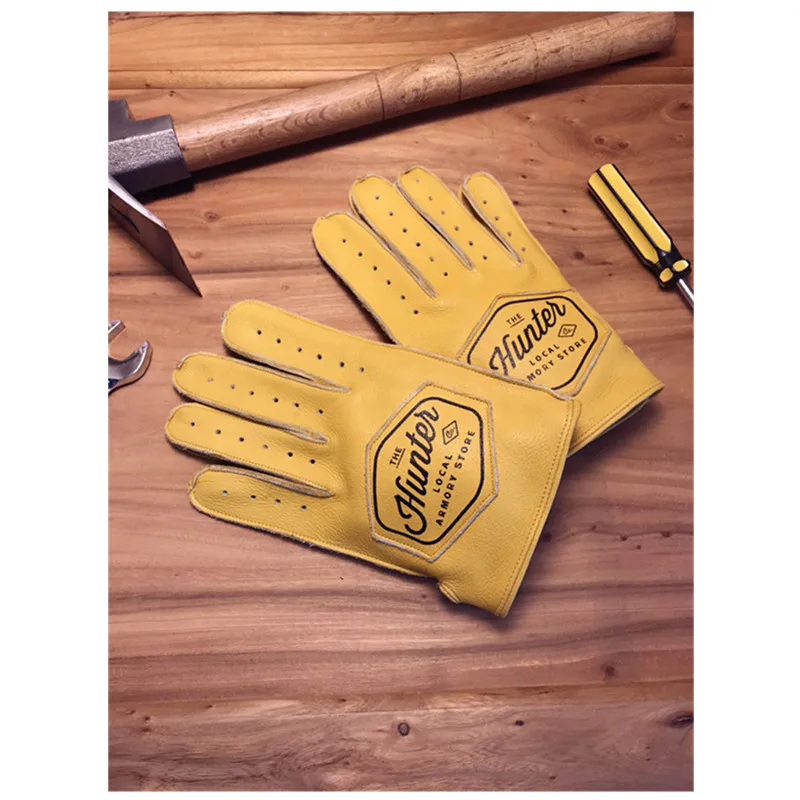 

Small MOQ OEM Retro Yellow Personality Racing Motorcycle Guantes Perforated Leather Gloves, Yellow and customized