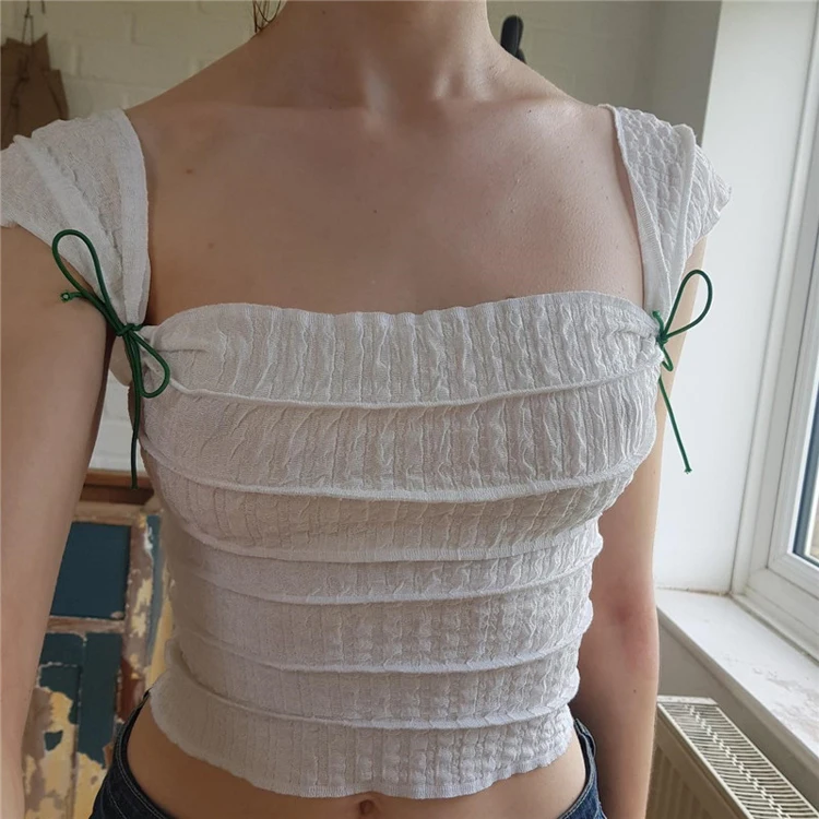 

Latest Design French Elegant Pleated Square Neck White T-Shirts Sexy Sleeveless Crop Tops For Women