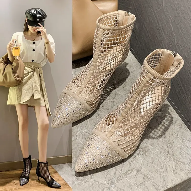 

Spring Summer Ladies Mesh High Heel Boots Fashion Diamond Pointed Sexy Heels Women's Pumps, Black beige