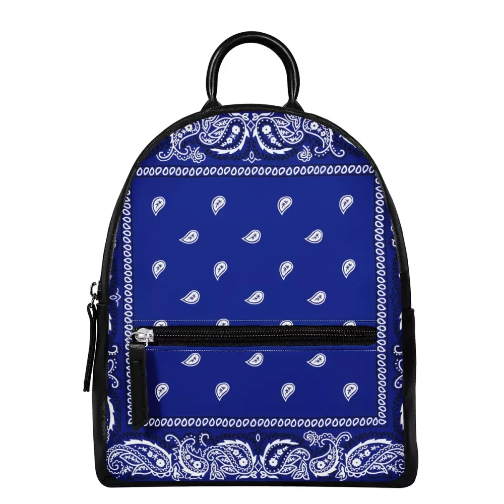 

Custom Logo Girl Leather Mini Backpack bag Style Blue and white Mix Classic Bandana Print Design OUT Small Bag Cheap Price, Customized color