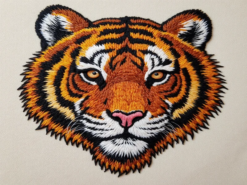 Embroidered tiger head on linen with gold and copper threads