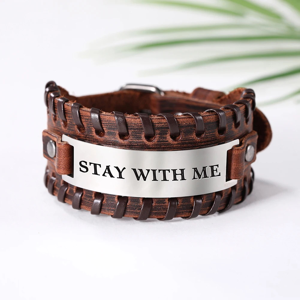 

2019 Stainless Steel Engraved Bracelet Personalized bracelet men leather Inspirational Cuff Bangle For Gift, Brown