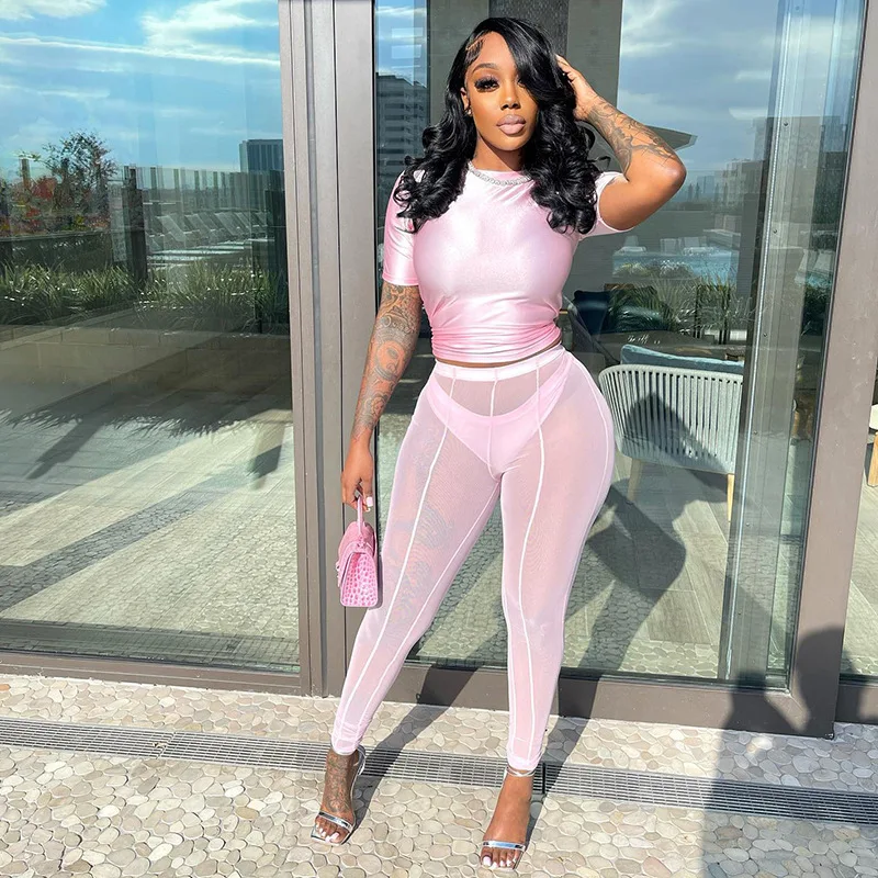 

C0922 Drop shipping new solid round neck skinny casual mesh trousers womens 2 piece outfit two piece sets