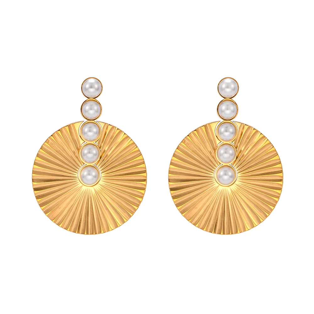 

Wholesale Fashion Earrings 18k Gold Plated Stainless Steel Round Fan Shape Stub Earring Cubic Zirconia Pearl Earrings For Women