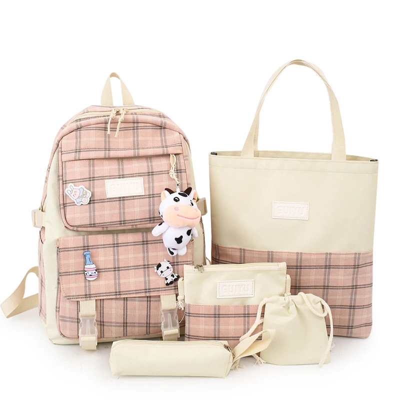 

Soft Canvas Plaid Pattern Four Piece Set School Backpacks Fashion Stuffed Toys Backpack For Girls