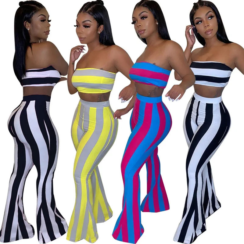 

Wholesale hot strapless tube crop top high waist flared pants striped women clothing two piece set, As show