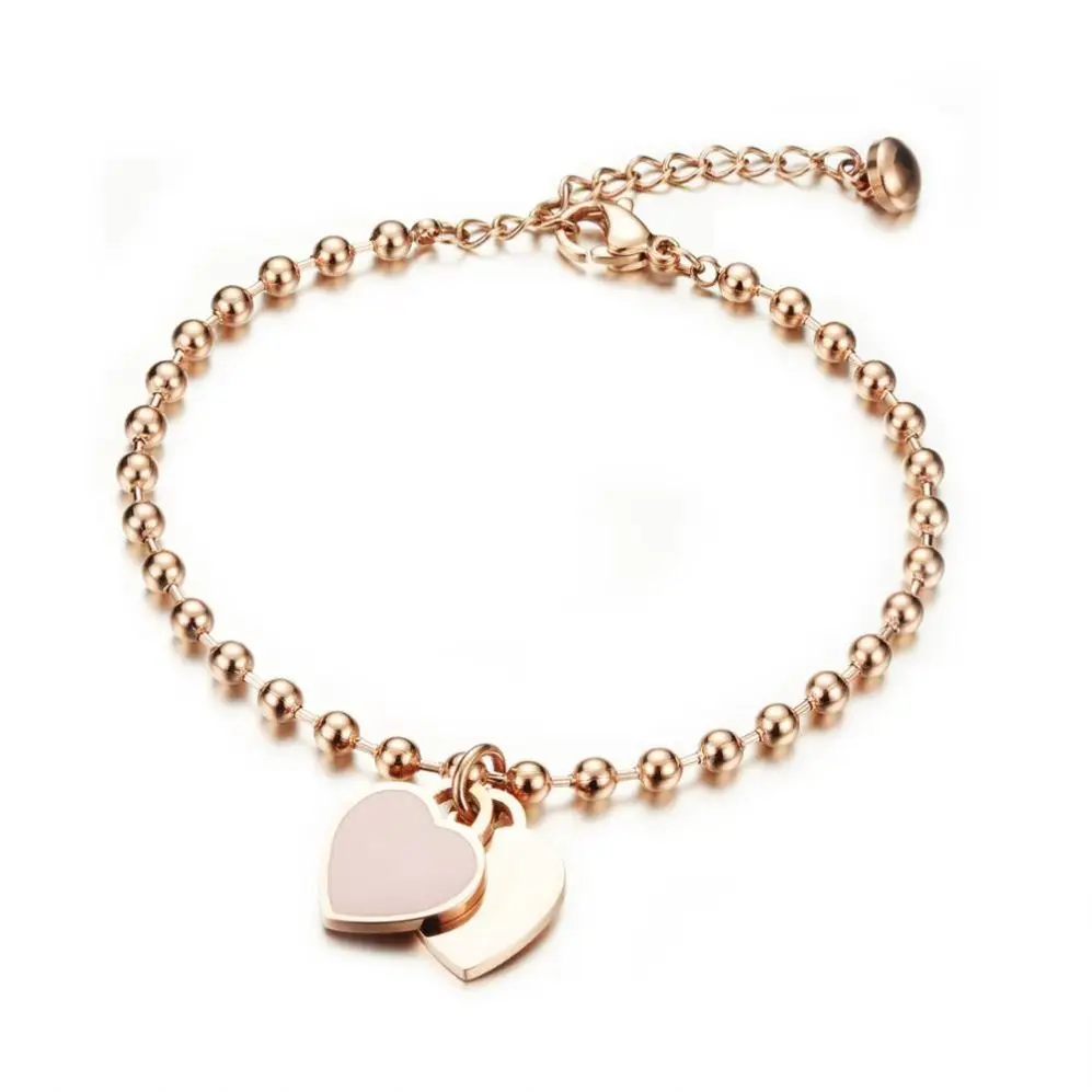 

Double love pendant chain plated rose gold stainless steel women beads necklace