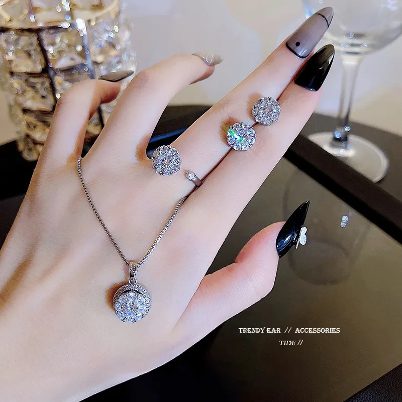 

Fashion Jewelry Sets Stainless Steel Shiny Crystal Rotating Earrings Rings Pave Sparkling Zircon Necklace For Woman Gift