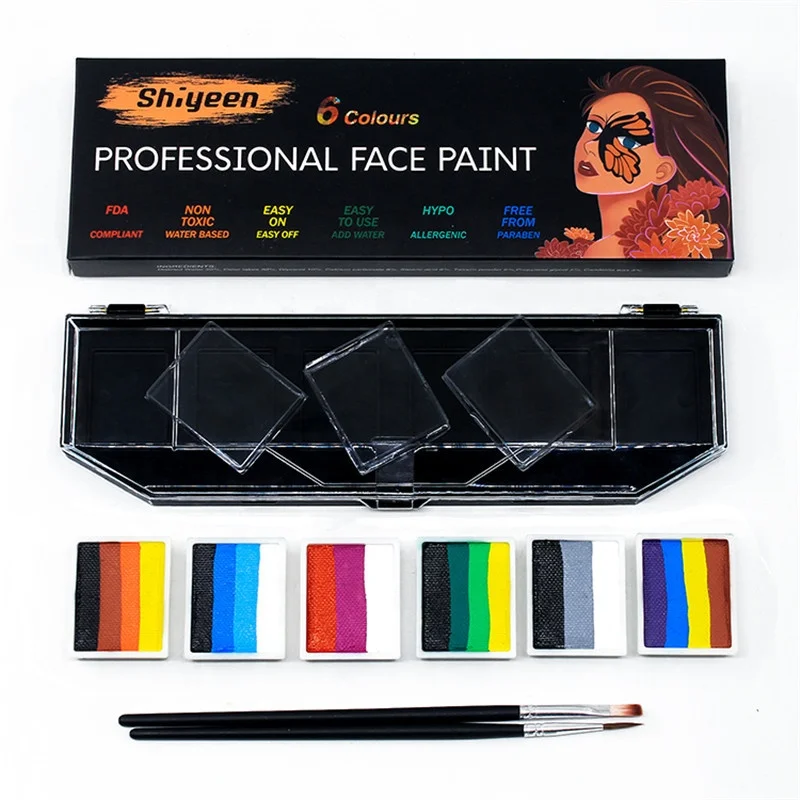 

Professional 6 Non toxic private label professional face paint Water Based UV rainbow split cake Palette, Customized