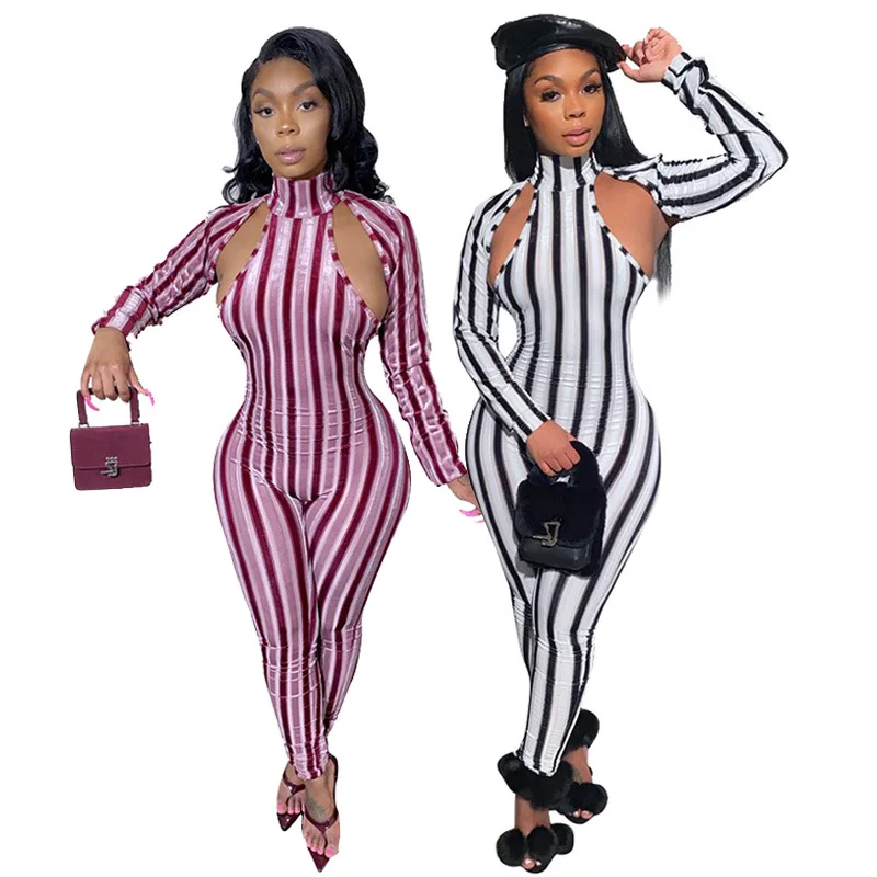 2020 spring High fashion plus size women winter fitness long sleeve coat striped jumpsuits