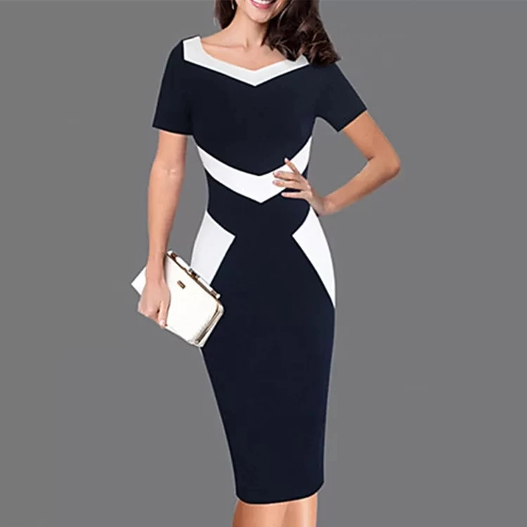 

Elegant Women Optical Illusion Patchwork Contrast Dress Office Work Short Sleeve Bodycon Dress E5621