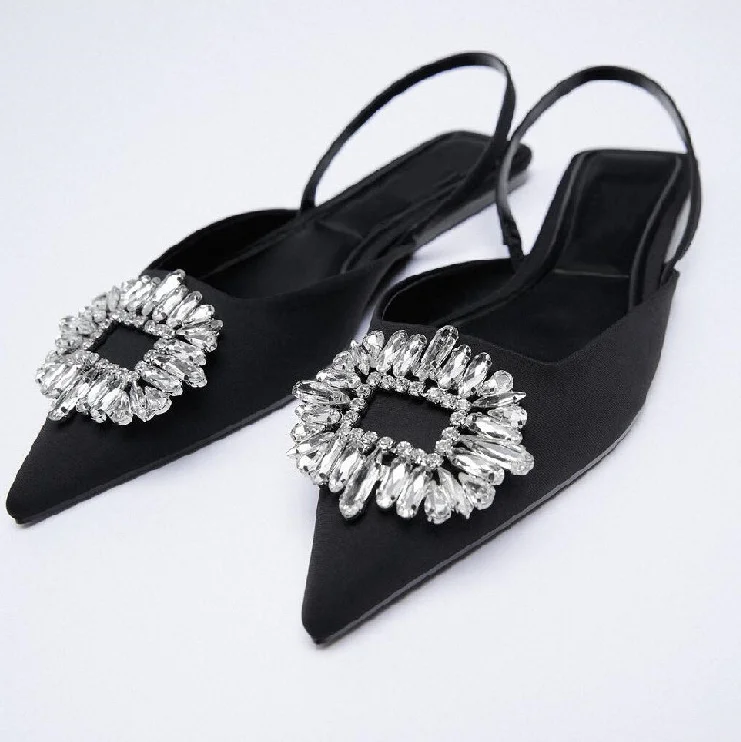 

New summer 2021 black rhinestone temperament wedding shoes Muller shoes fairy pointed flat sandals