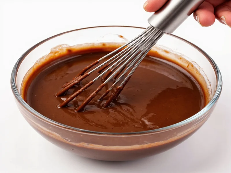 Whisking chocolate pudding mixture in glass bowl