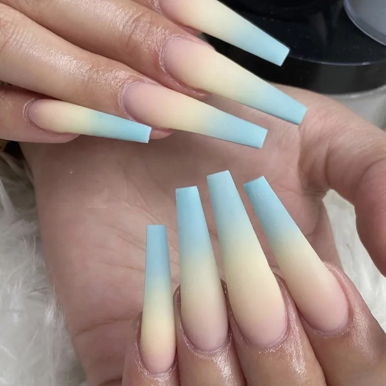 

Ombre blue yellow long Ballerina fancy press on nails full cover press on nails