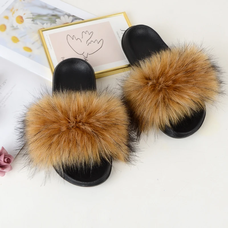 

Wholesale summer women luxury open toe slippers flat fluffy faux fox fur slides