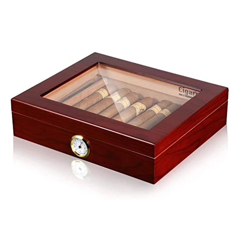 

Cigar Humidor Wooden Desktop Cigar Humidor Can hold 25 cigars box with hygrometer and humidifier, Red